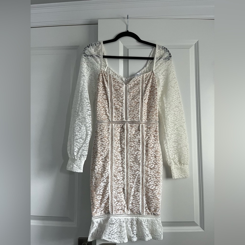 Revamped Lace Long Sleeve Dress in Cream/tan Size Small Bridal, Bridal Shower